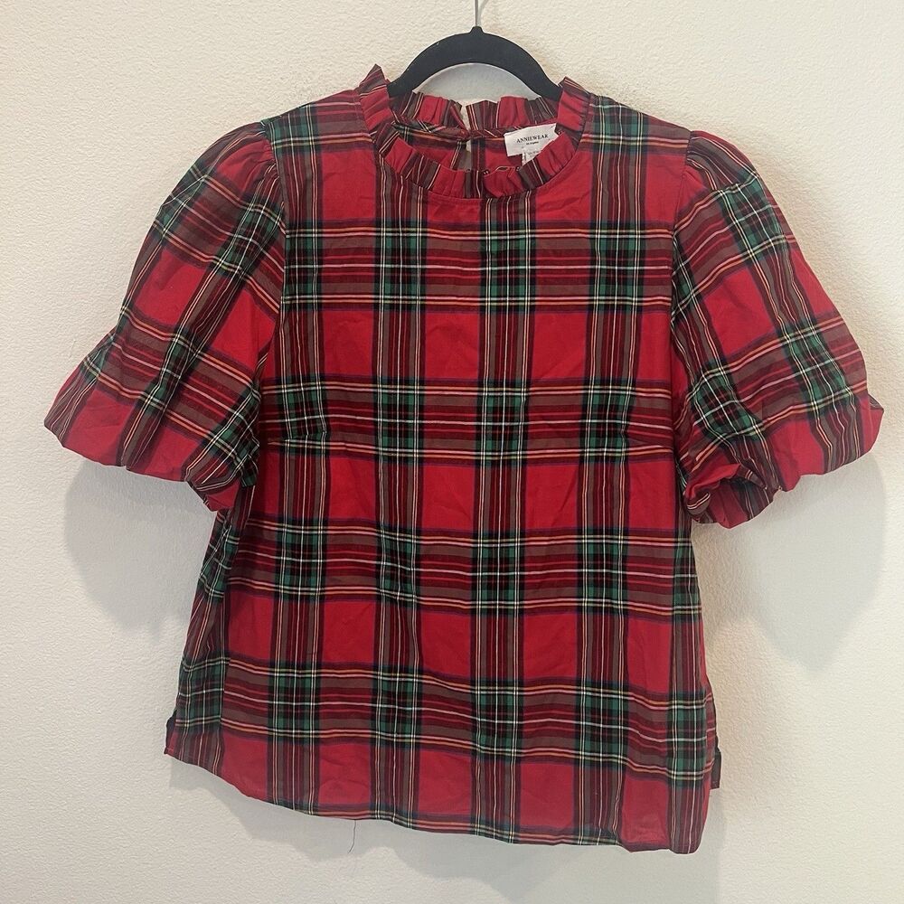 Anniewear Los Angeles Red Holiday Tartan Plaid Puff Sleeve Blouse Top Size XL
